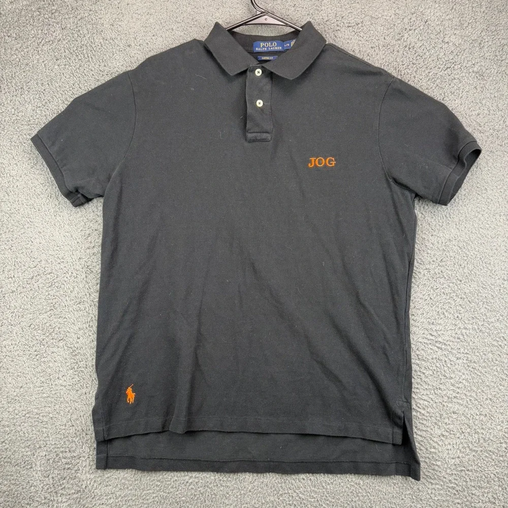 Polo Ralph Lauren Mens Large Custom Fit Black Polo Shirt Orange Pony JOG Logo‎